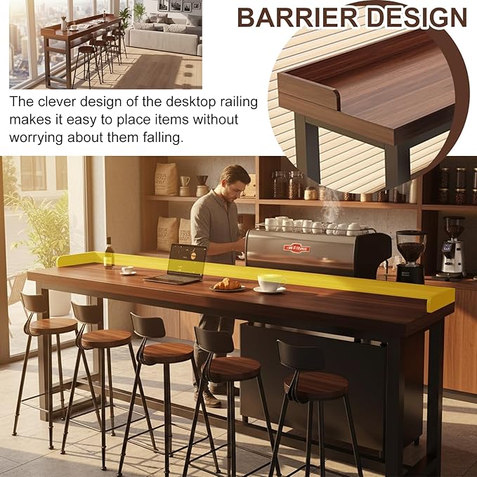 Solid Wood Rectangular Bar Table - Metal Frame Long Sofa Table for Kitchen, Dining Room, Coffee Shop & Home Bar No Chairs Dark Walnut(Single-Layer+Guard) 39.5×11.9×41"