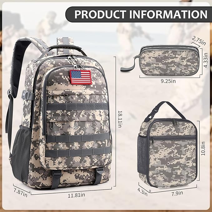 School Backpack for Boys - 4pcs Camo Boys Backpack with Lunch Box Set for Kids Teens Elementary Middle School - 18″ Camouflage Bookbag with Usb Charging Port