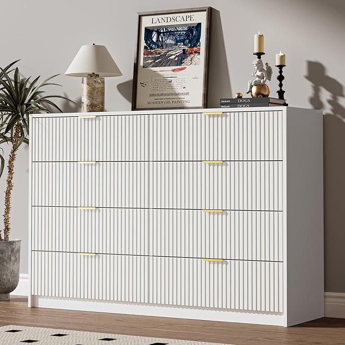 White Dresser for Bedroom, 8 Drawer Double Dresser, Modern Chest of Drawers for Bedroom, Living Room, Entryway and Closet, 55" L x 15.7" D x 37.4" H