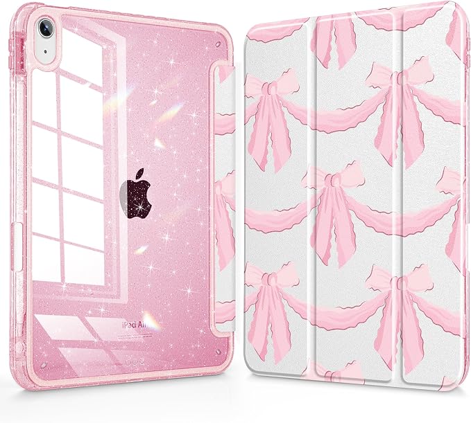 for iPad Air 11 inch M4/M3/M2 (2026/2025/2024) iPad Air 5th/4th Gen (2022/2020) 10.9 inch with Pencil Holder Glitter Clear Pretevtive Cover Auto Wake/Sleep Black Cartoon Stickers