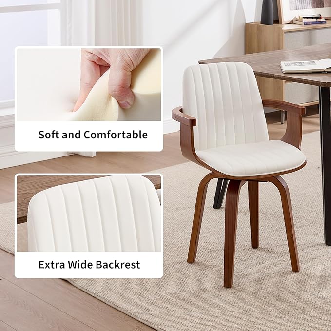 Swivel Dining Chairs Set of 2 - Mid Century Modern Kitchen Chairs for Dining Room, Upholstered PU Leather Chairs with Walnut Arms and Legs, White