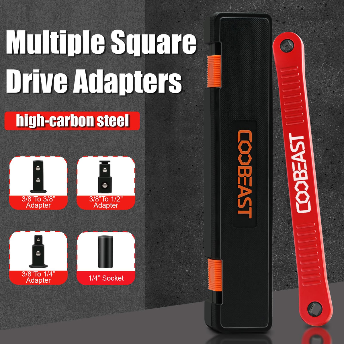 coobeast Red Offset Extension Wrench Impact Ready Socket Wrench Extender Tool with Versatile 1/4", 3/8", and 1/2" Square Drive Adapters, Universal Extensions Wrench for Small Place
