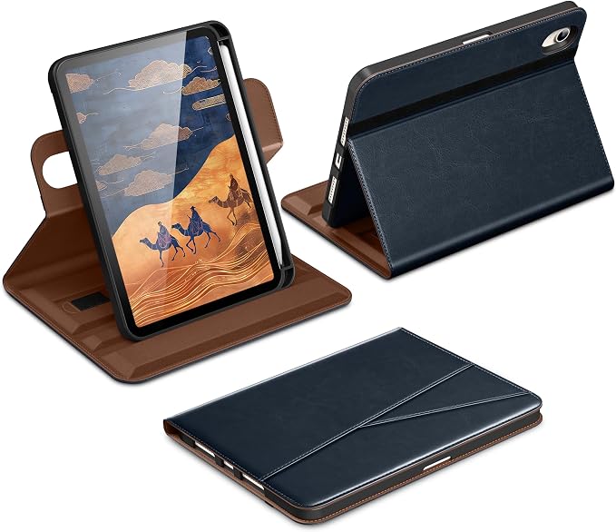 DTTO for iPad mini 7 A17 Pro 2024 aslo fit iPad mini 6 2021 Brown | 360 Degree Rotating Premium Faux Leather Folio Stand Cover with Pencil Holder Auto Sleep/Wake Multiple Angles Hand Strap