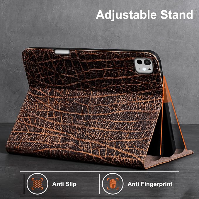 Gexmil Leather Case for iPad Pro 11 Inch M5/M4 2025/2024Crocodile Brown | Genuine Leather CoverPencil HolderMagnetic ClosureSmart Folio Auto Sleep/WakeProtectiveAdjustable Stand