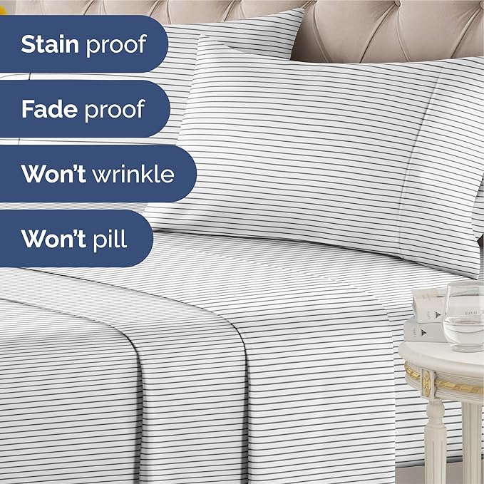 Striped Sheets - Black & White Striped Sheets - 1 Flat & 1 Fitted & 2 Pillowcases w/ Deep Pockets – Wrinkle & Fade Free - Soft, Breathable & Cooling – Luxury Pinstripe Bedding - Cal King Size Bed Set