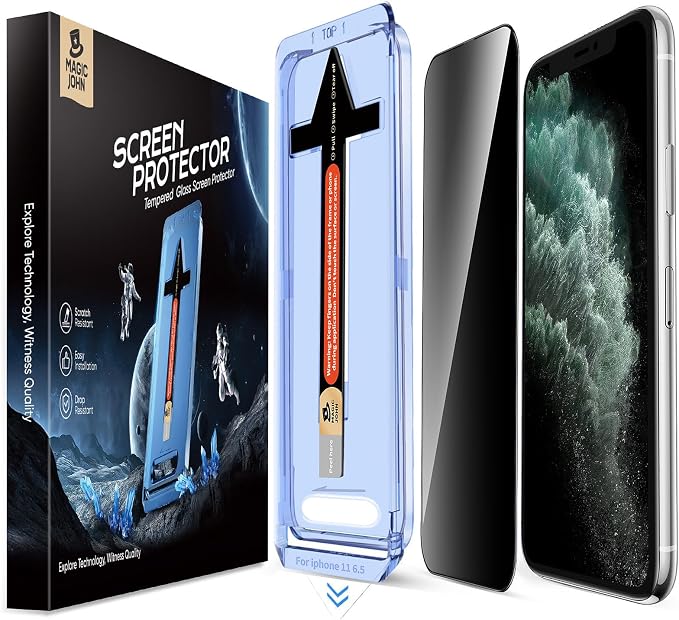 MAGIC JOHN 2 Pack for iPhone 11 Pro Max 6.5 inch Privacy Glass Screen Protector Auto Dust-Elimination Installation Bubble Free Easy Installation