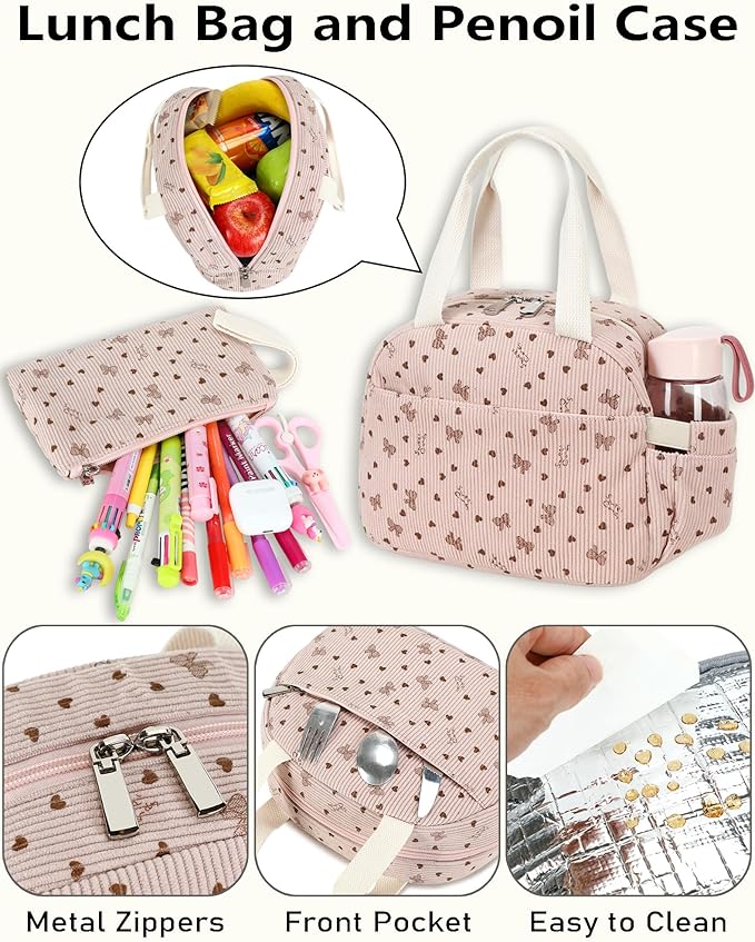 School Backpack Set for Teens Girls Women 3PCS Corduroy Lightweigh Laptop Backpacks with Lunch Box Pencil Kids Elementary Middle High Bags Students 3 in1 Bookbag Travel Daypack, Pink Bowknot