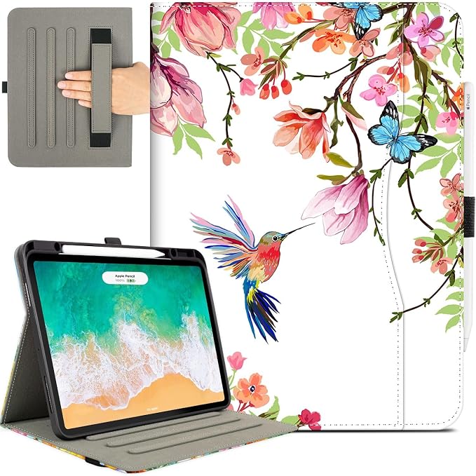 for iPad Air 13 inch Case (M4/M3/M2) iPad Pro 12.9 inch Case Hummingbird | Premium Leather Business Folio Case with Pencil Holder Multi-Angle View Adjustable Stand Pocket/Hand Strap/Auto Wake Sleep
