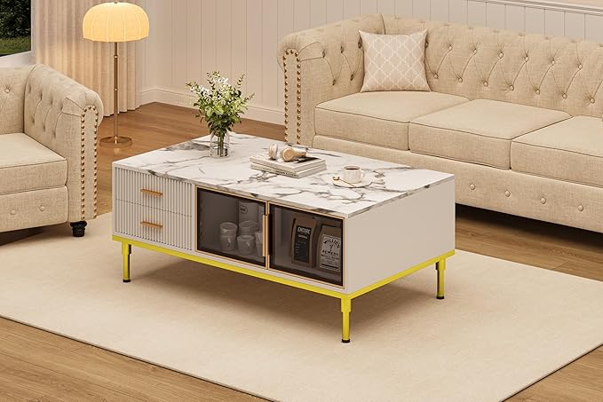 Modern White Coffee Table with Gold Metal Legs for Living Room - Large Center Table with 2 Glass Door Storage & 4 Drawers, Sintered Stone Table Top for Reception Room White