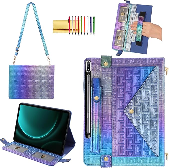 Handbag Case for Samsung Galaxy Tab S10 FE/S9 FE 10.9/S9/S8/S7 11 Techcircle Folio Stand Crossbody Wallet Protective Cover with S Pen Holder &amp Card Slots Hand Strap &amp Shoulder Strap Black