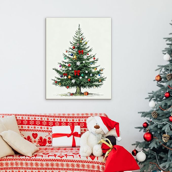 Framed Christmas Pictures Wall Decor,Vintage Pine Tree Prints,Winter Christmas Canvas Wall Art Decoration for Bedroom Bathroom Living Room Rustic Xmas Holiday Gifts (Christmas Tree 8, 20'' X 32'')