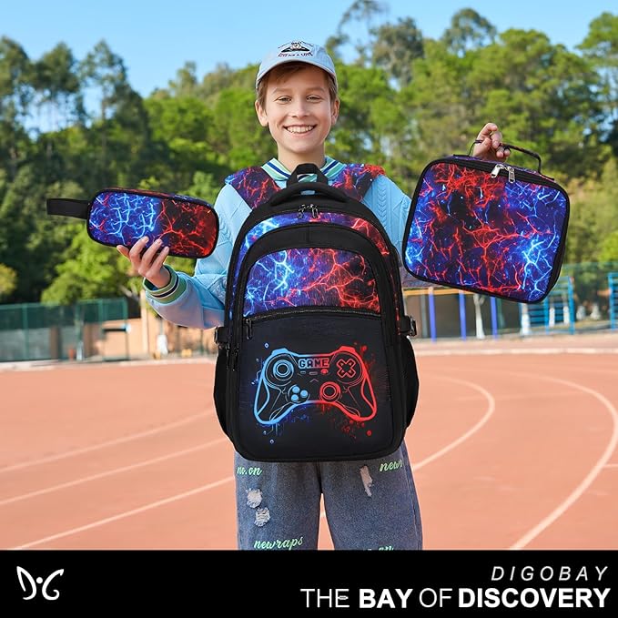 Boys Backpack for School, 3PCS Cool Luminous Gamer Backpack for Boys with Lunch Box Pencil Case, Kids Backpacks Bookbag for Teen Boy Elementary Middle High School with USB Charging Port