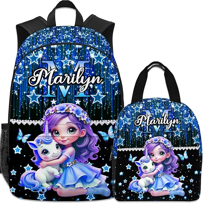 Custom Kids Backpack with Lunch Box Personalized Name Bookbag for Girls Back to School Blue Backpacks for Elementary Middle School Boys