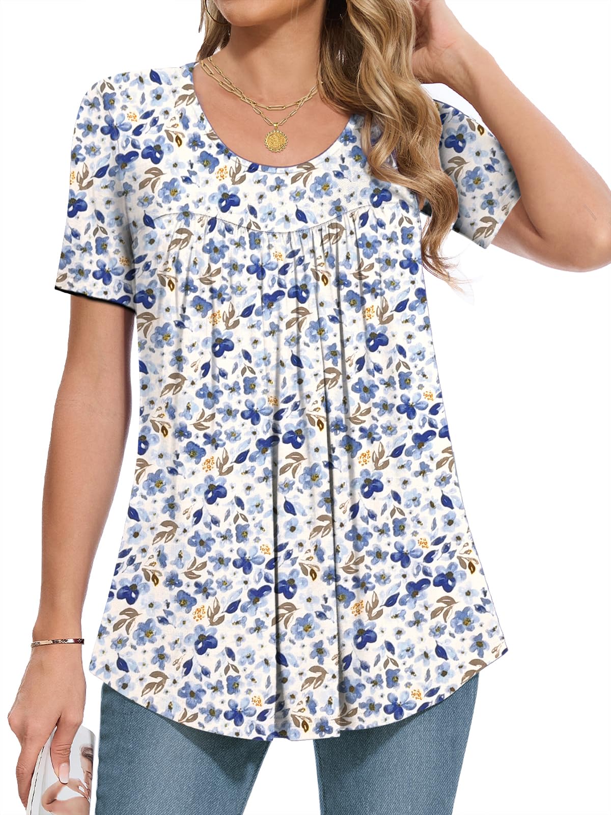 MUSE SHOW Women's 2025 Summer Tops Short Sleeve Tunic Shirts Casual Comfy Blouse White and Blue Flowers L