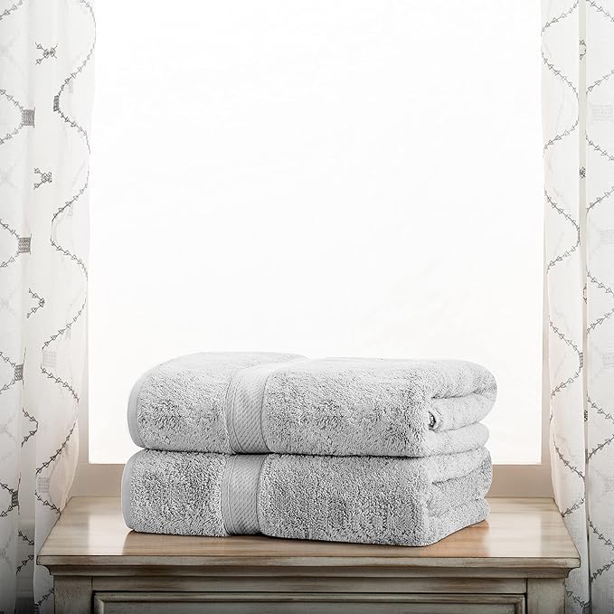 Superior Egyptian Cotton Pile Bath Towel Set of 2, Ultra Soft Luxury Towels, Thick Plush Essentials, Absorbent Heavyweight, Guest Bath, Hotel, Spa, Home Bathroom, Shower Basics, Silver