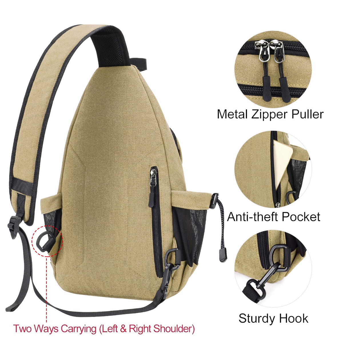 MOSISO Crossbody Sling Bag for Women, Shoulder Backpack, Hiking Daypack Bag, Khaki