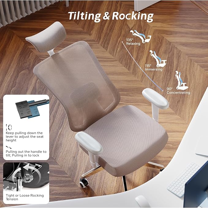 Ergonomic Office Chair with Adjustable Lumbar Support & Flip-Up Armrests - High Back Computer Desk Chair with Thickened Seat Cushion, Rolling Wheels for Home/Office Study Work (05khaki)