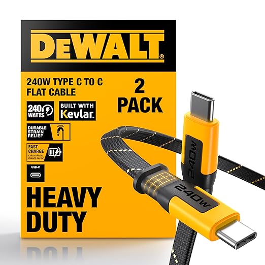 DEWALT Heavy Duty USB-C to USB-C Fast Charging Cable 1FT | Flat 240W Type-C Fast Charging Cable for iPhone 17/16/15 Pro Max Samsung Galaxy MacBook iPad Pixel 2-Pack