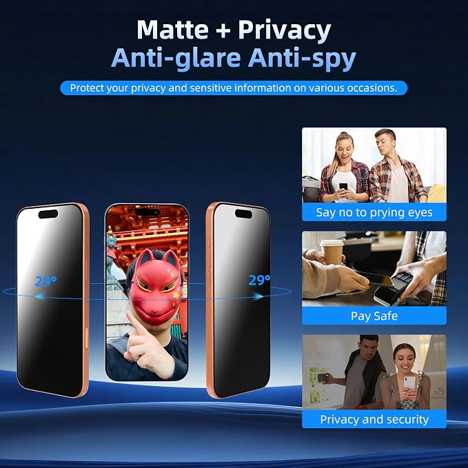 2-Pack Tempered Glass Matte Privacy Screen Protector for iPhone Anti-spy Auto-Dust Removal Anti-glare High Definition Full Coverage No Bubble Easy Installation (For iPhone 16 Pro Max)