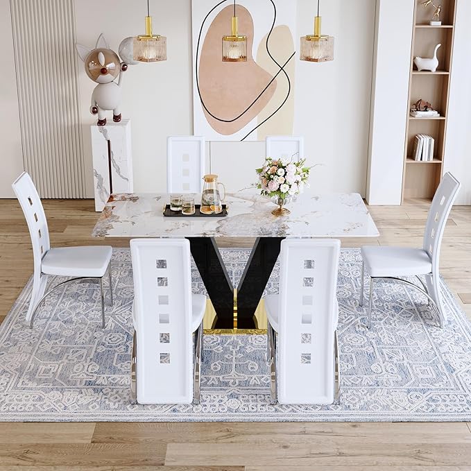 71'' Dining Table Set for 6,Modern Dining Room Table Set for 6,Marble Dining Table with 6 PU Leather Dining Chairs,Gold Dining Room Table with Glossy V-Shaped Base Ideal for Kitchen