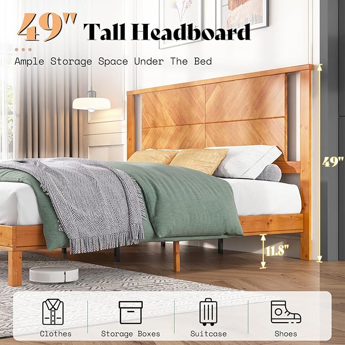 AMERLIFE Solid Wood King Size Bed Frame with Headboard, Mid Century Modern Style Platform Bed with Under-Bed Storage, No Box Spring Needed, Noise Free, Easy Assembly, Light Brown