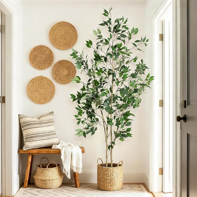 7FT Ficus Trees Artificial Indoor, Faux Silk Plant with Natural Wood Trunk and Lifelike Fruits, White Imitation Ceramic Planter with Green Fake Moss for Modern Home Office Living Room Decor