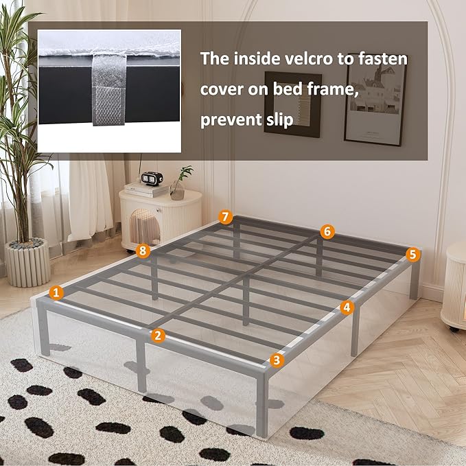 14 Inch King Size Bed Frame with White Fabric Cover, Heavy Duty King Platform Bed Frame Support Up to 3000 lbs, No Box Spring Needed, Easy Assembly, Noise Free, Black