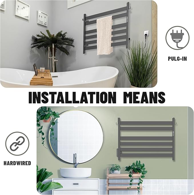 K&KALONZO Towel Warmer for Bathroom, Wall-Mounted 6-Bar Heated Towel Rack with Built-in Timer, Waterproof Electric Towel Heater, Support Plug-in and Hardwired, Matte Black, EL18M