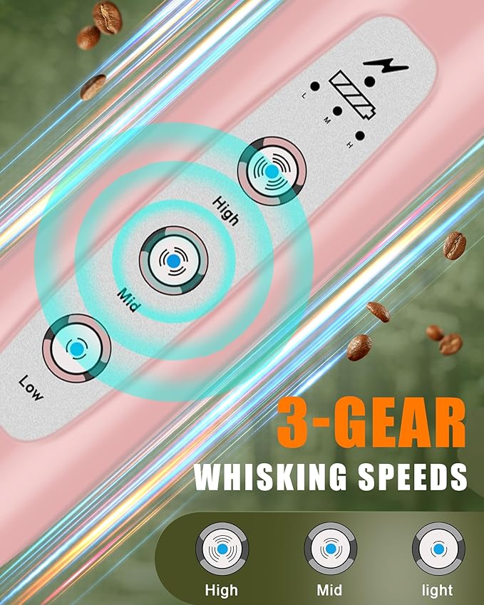 YUSWKO Handheld Milk Frother Wand for Coffee, Rechargeable Electric Whisk with 3 Heads 3 Speeds Drink Mixer Coffee Frother For Latte, Cappuccino, Hot Chocolate, Egg, Pink with Bag