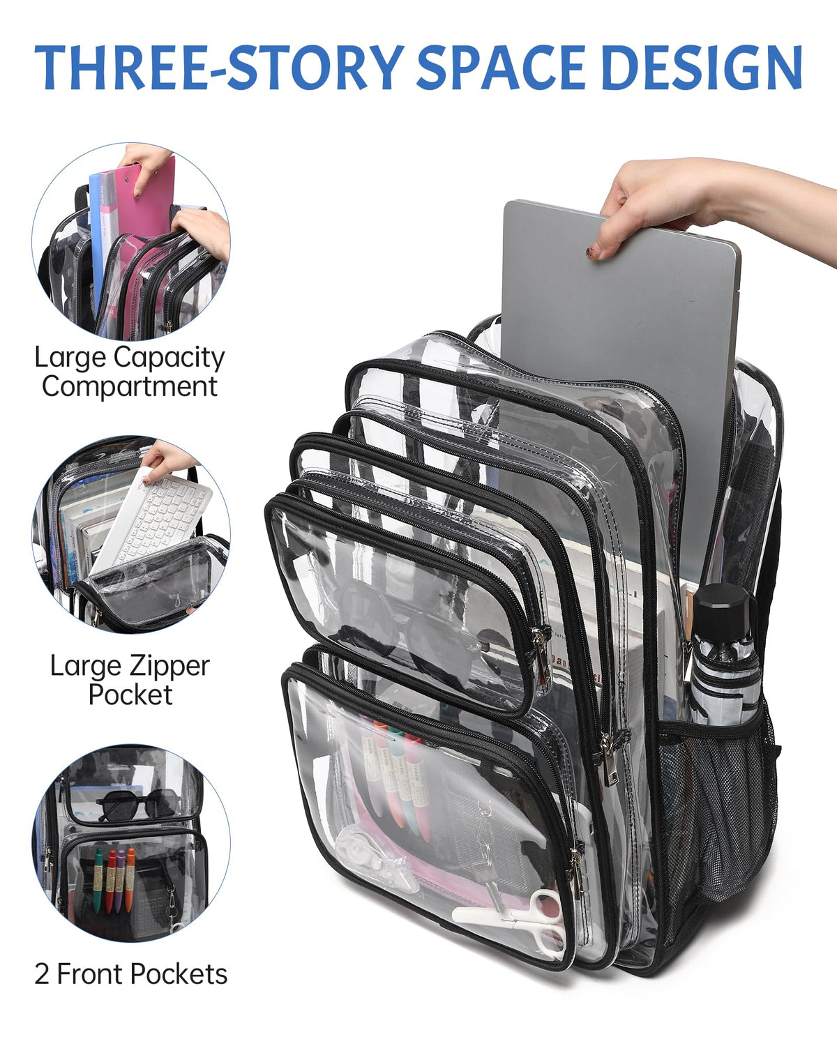 BAVERGE Clear Backpack Heavy Duty -18 Inch Extra Large Bookbag 3 Front Pockets and Lock for Stadium Events, Travel, Work, College, Black