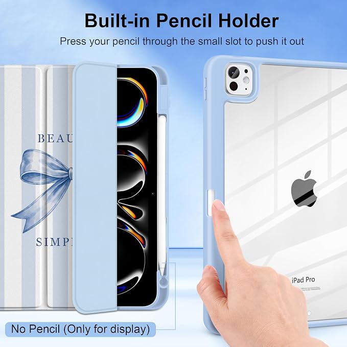 Case for iPad Pro 11 inch M5 2025 /M4 2024 Blue Ribbon Stripe | Blue Ribbon Stripe Folio Case with Clear Back Pencil Holder Trifold Stand and Auto Sleep/Wake for Preppy Aesthetic Users