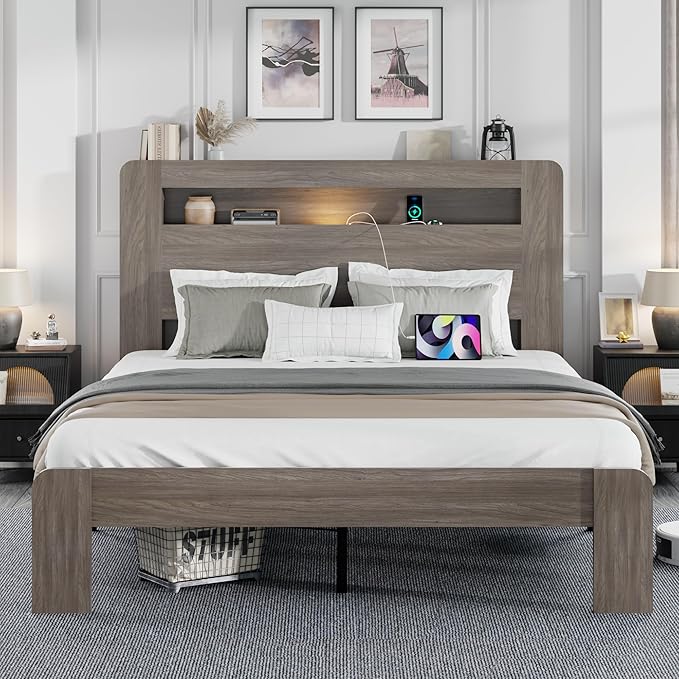 Queen Size Wooden Bed Frame with Bookcace Storage Headboard, Rustic Farmhouse Bedframe with LED Lights and Charging Station, Sturdy and Stable, Slat Support, No Box Spring Required (Light Brown)