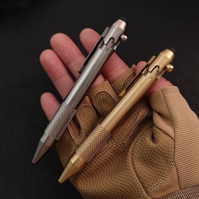 Cool Hand 4.9'' Brass Bolt Action Pen with Retractable Stylus Tip | for Any Touch Screen Ballpoint Ink Refillable Compact Size Skelton Out Deep Pocket Clip (Brass)