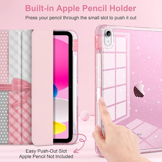 MEEgoodo Case for iPad A16 11th Generation 2025/10th Generation 2022 Glitter Tablet Cases with Transparent Acrylic Back+Trifold Stand +Pencil Holder+Auto Wake/SleepAbstract Sun &amp Palm Tree