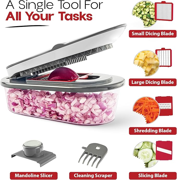 Vegetable Chopper and Mandoline Slicer with Container, CHOPZILLA 4 Stainless Steel Blades, BPA-Free Onion Chopper, Vegetable Cutter, French Fry Cutter, Dishwasher Safe Fruit Potato Dicer, Pink