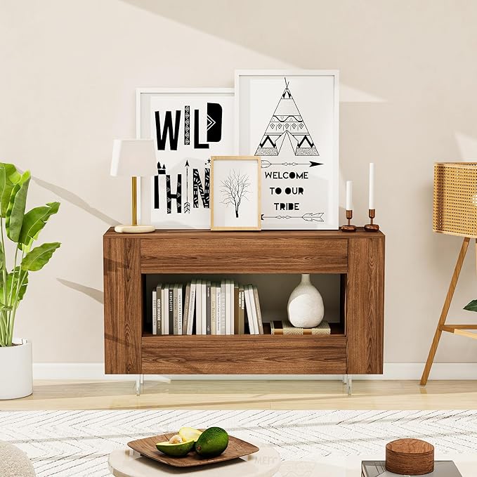 Vavkorkula TV Stand for 55 Inch with 2 Large Drawers & Hidden Storage Cabinets, Modern Farmhouse Entertainment Center Television Stands for Living Room Bedroom, Walnut