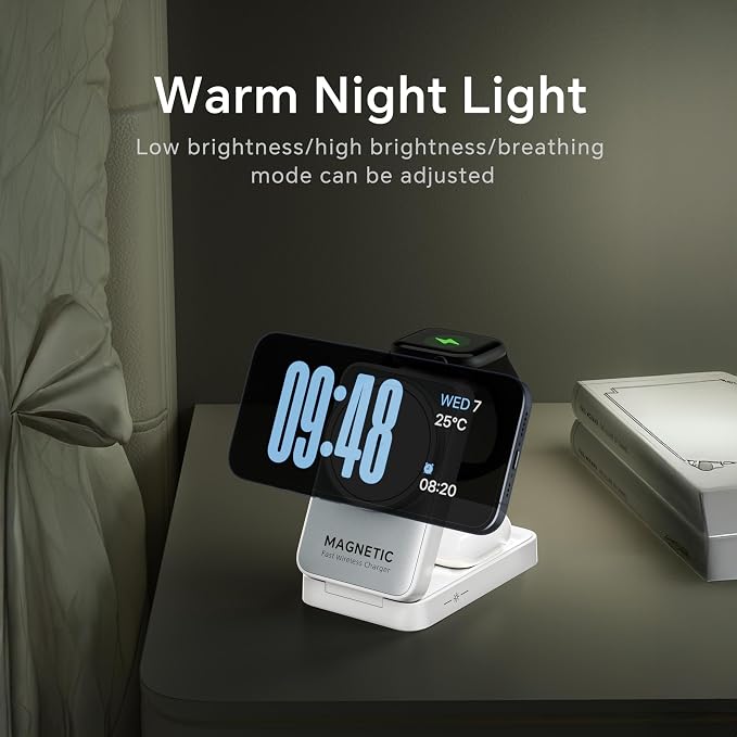 MALOM W91 3-in-1 Multifunctional Wireless Magnetic Charger for iPhone Apple Watch AirPods Foldable Nightlight (Black)