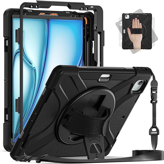 Batianda VortiGrip Case for iPad Air 11 M2/M3/M4 2024-2026 Colorful Blue | Heavy Duty Triple-Layer Rugged Case with 360° Rotating Hand Strap Foldable Hidden Stand Shoulder Strap and Pencil Holder