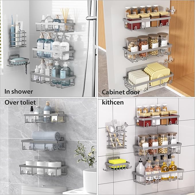 10 Pack Shower Caddy Organizer Rack Shelf for Inside Shower, Self Adhesive Wall Storage Basket Rustproof Stainless Steel Shampoo Holder Bathroom Accessory Decor Set, Grey