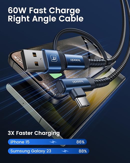 toocki 60W USB C Cable Right Angle Type C Fast Charging Cable 10FT 2-Pack | 2 in 1 Multi USB A/C to USB-C Cable for iPhone 17 16 15 Pro Plus Pro Max Air/MacBook Air/Samsung S25 Ultra/S24/ Note 20
