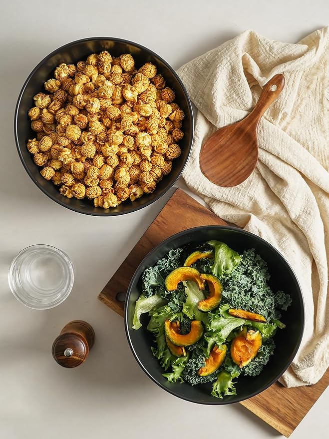 Kanwone Large Serving Bowls - 9.5 inch, 90oz Ceramic Salad Bowls, Fruit Bowls, Pasta, Soup Bowls, Set of 2, Serving Bowls for Entertaining, Microwave and Dishwasher Safe, Matte Black