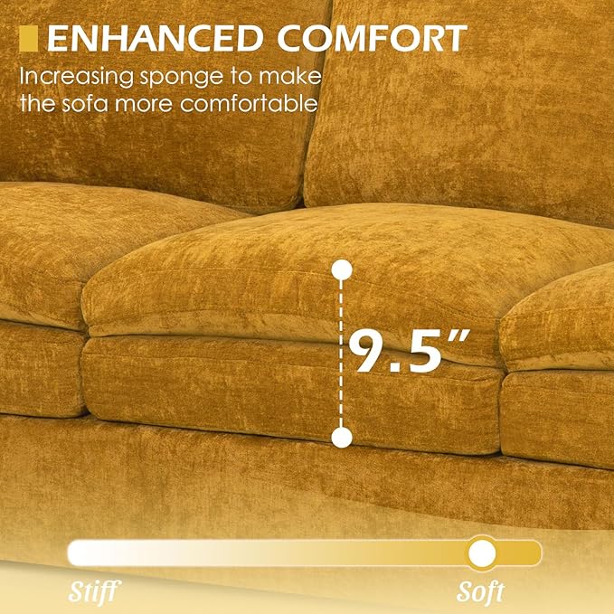 2 Pieces Chenille Sofa Set w/Throw Pillows, Upholstered Loveseat & 3 Seater Sofa w/Comfortable Back Cushions, Modern 2-Seat & 3-Seat w/High-Density Foam for Living Room, Apartment, Yellow