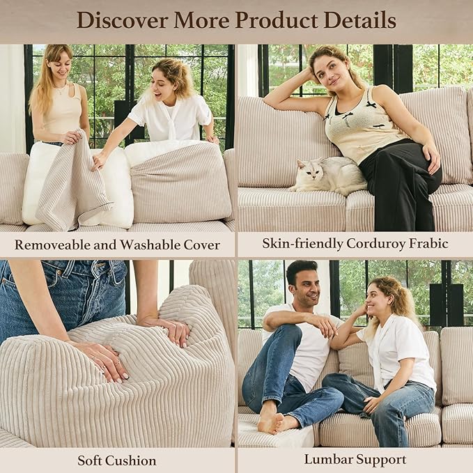 88.6" 9 Seat Modular Sectional Sofa with Deep Storage Seat,Corduroy Comfy Sectional Couch Convertible Modular Sleeper Sofa Couch with Movable Ottoman,Upholstered Couches for Living Room,Beige
