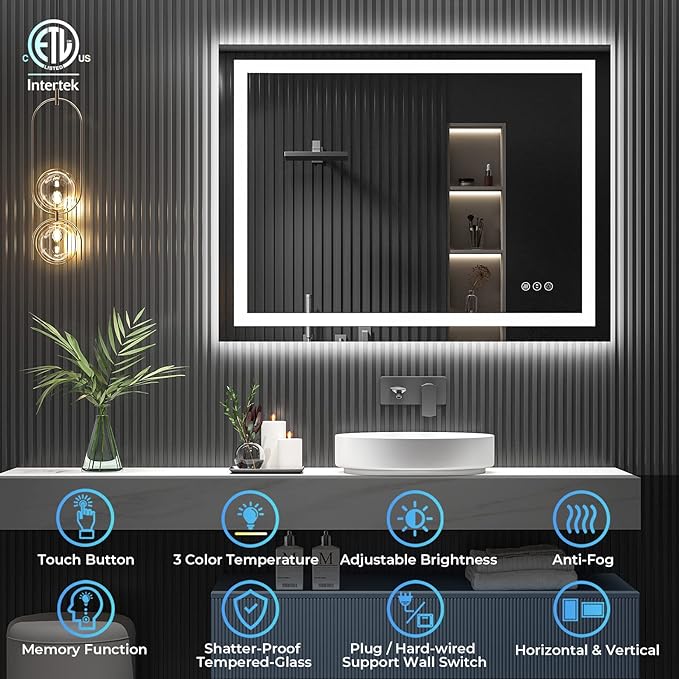 YEELAIT 48x36 Inch LED Bathroom Mirror with Lights Front and Backlit Lighted Vanity Mirror for Bathroom Wall with 3 Colors Dimmable Anti-Fog Memory Shatter-Proof IP54 Waterproof Horizontal/Vertical