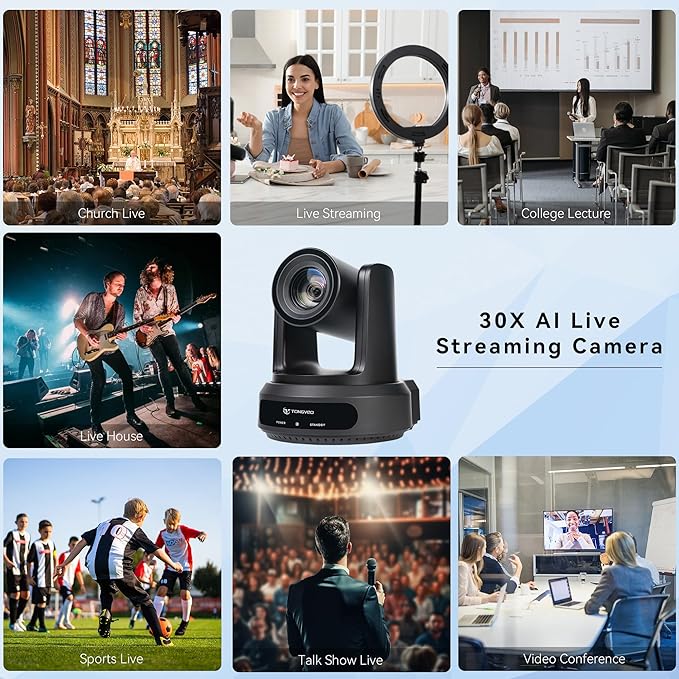 TONGVEO AI Auto-Tracking IP PTZ Camera SDI/HDMI/USB3.0/LAN PoE 30X Optical + 16X Digital Zoom 1080P 60fps for Live Streaming Church Services Education Video Conference with OBS vMix and More
