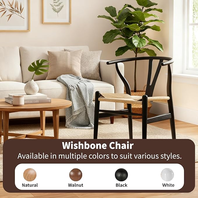 Wishbone Chair Natural Solid Wood Dining Chair/Hans Vegner Y Chair Rattan and Wood Accent Armrest Chairs Set of 2 (Ash Wood - Black + Natural Cord 2 Chairs)