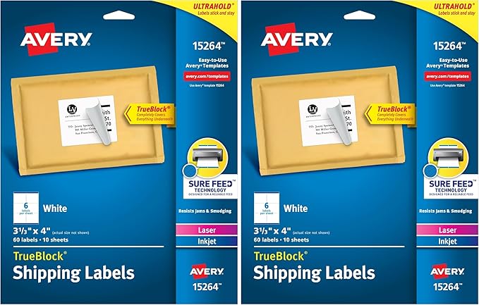 Avery Printable Shipping Labels with Sure Feed, 3-1/3" x 4", White, 60 Blank Mailing Labels (15264) (Pack of 2)