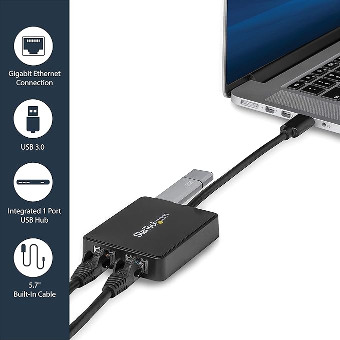 StarTech.com USB 3.0 to Dual Port Gigabit Ethernet Adapter NIC with USB Port (USB32000SPT)