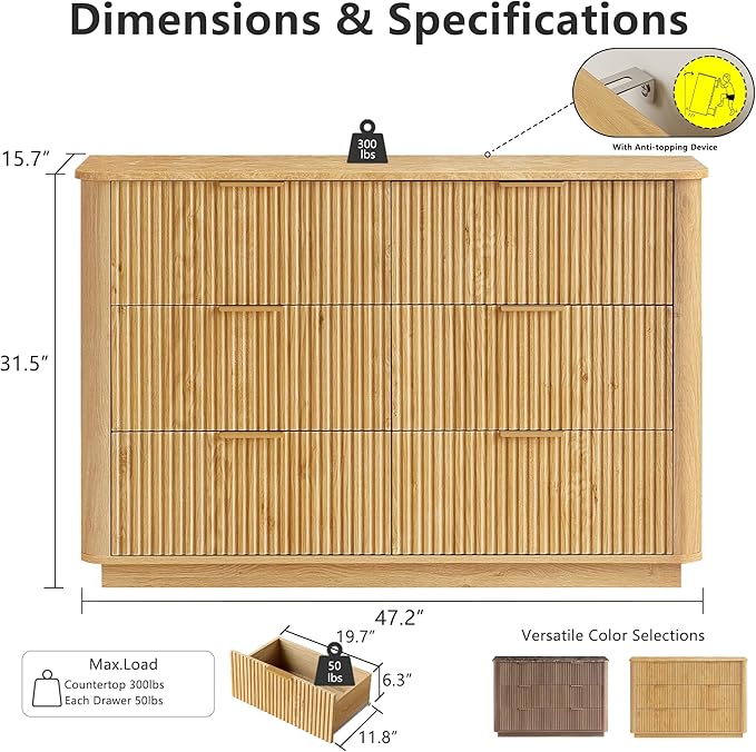 win2win 6 Drawer Dresser, Mid Century Modern Dresser with Storage, 47" Wide Fluted Chest of Drawers with Faux Marble Top, Dressers TV Stand, Drawers Organizer for Bedroom, Living Room, Hallway, Oak