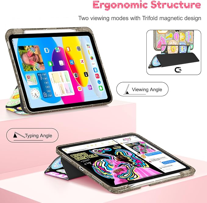 for iPad Air 11 inch M4/M3/M2 (2026/2025/2024) iPad Air 5th/4th Gen (2022/2020) 10.9 inch with Pencil Holder Glitter Clear Pretevtive Cover Auto Wake/Sleep Black Cartoon Stickers